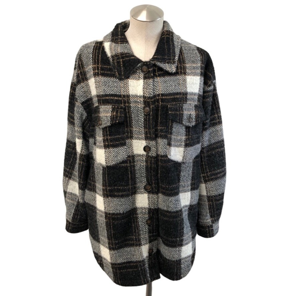 Greylin Shacket Womens Large Black Plaid Eyelash Knit Button Up Oversize Cottage